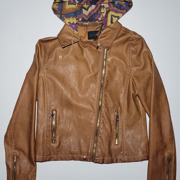 Blu Pepper Womens Brown Faux Leather Biker Jacket with Removable Hood Size Large - Picture 1 of 16